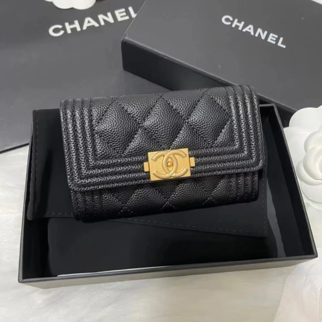 未使用 Chanel/香奈儿 蔚蓝/黑金荔枝纹牛皮leboy 钱夹包 芯片款