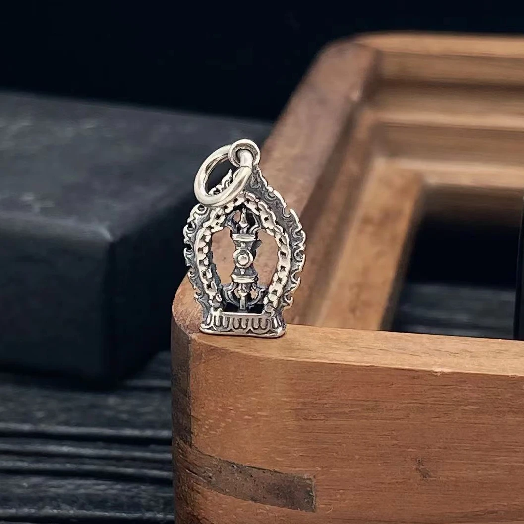 鸿聚隆 吊坠925银 NO158小众做旧国风火焰金g杵小侧坠银吊坠百搭