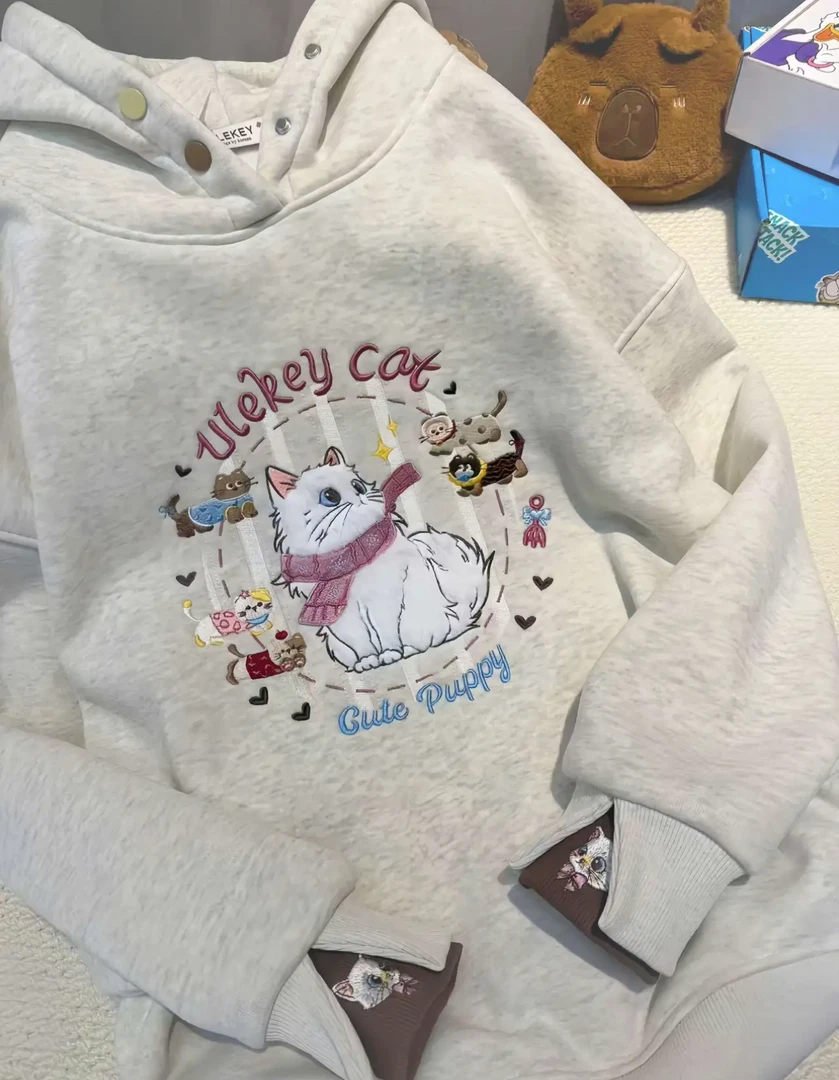 【连帽甜美猫咪刺绣】重工刺绣加绒卫衣女童秋冬宽松加厚保暖上衣