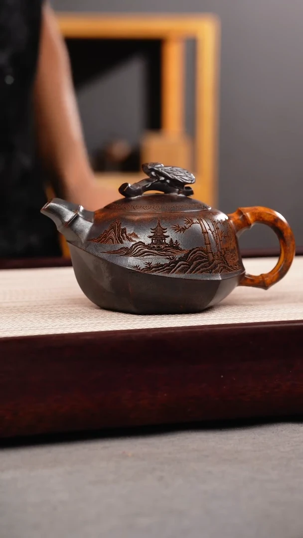 茶壶紫砂龙骨金砂 知足常乐 刻绘