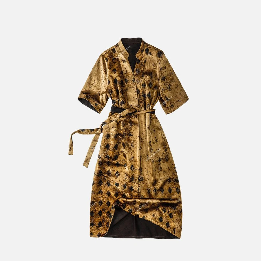 品牌新款香云纱桑蚕丝重磅短袖连衣裙429498时尚