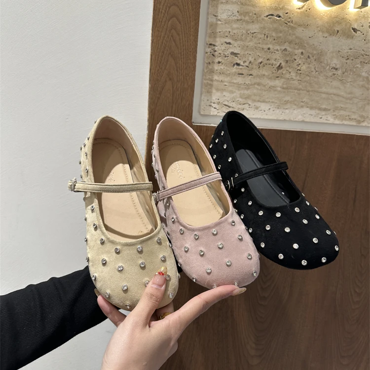 608-5晚风温柔粉色浅口单鞋2025新款平底铆钉一字扣带玛丽珍鞋