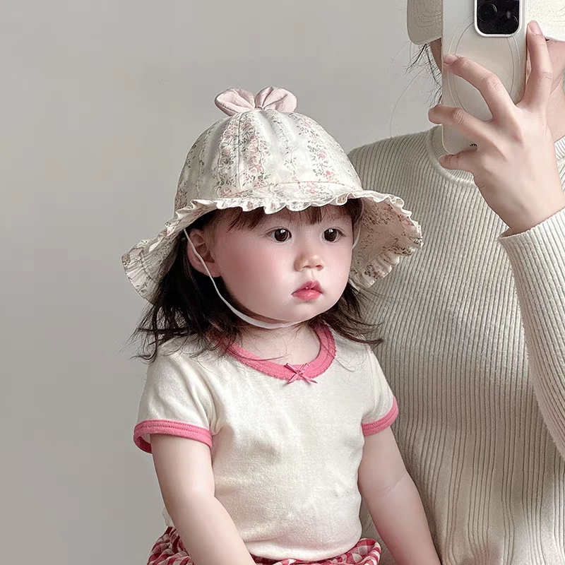 儿童帽子春秋薄款遮阳防晒蕾丝花边公主渔夫帽女宝宝夏季出游盆帽