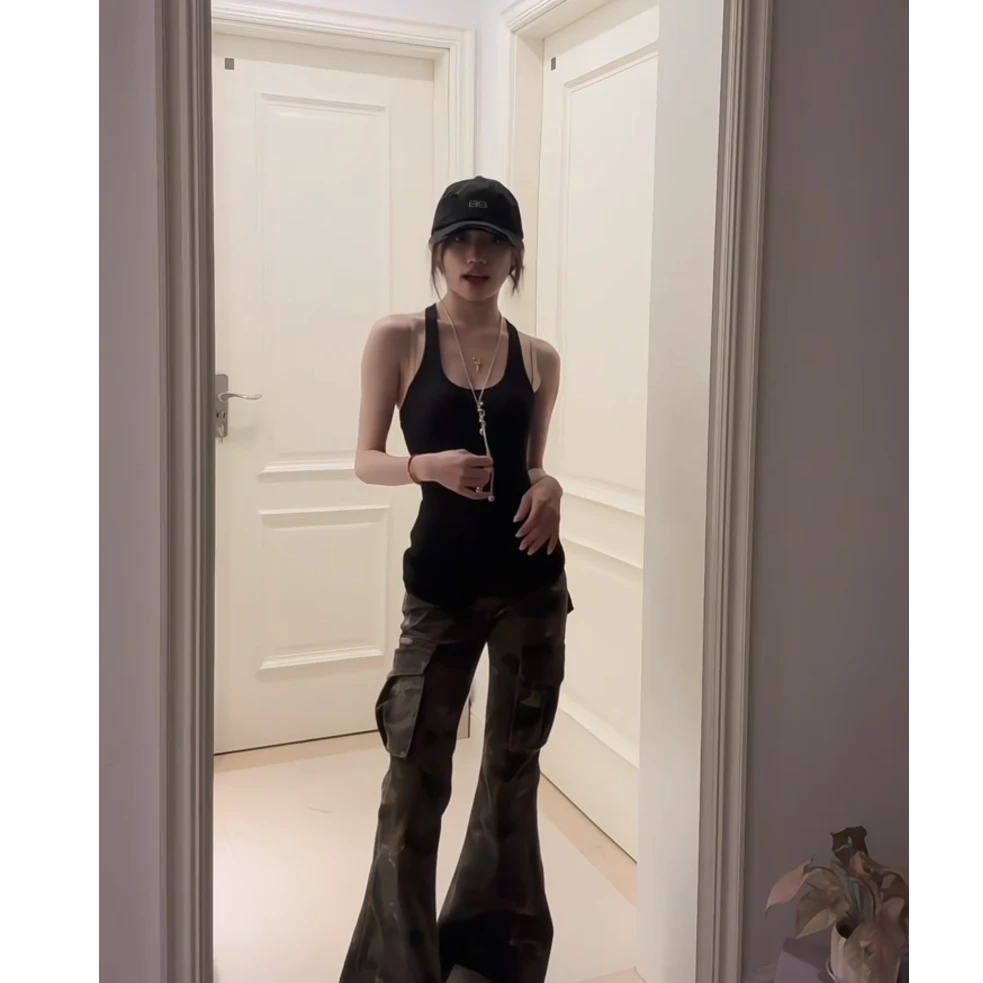 INS CEC吊带背心女ins港味酷飒辣妹u领无袖上衣百搭长裤两件套女