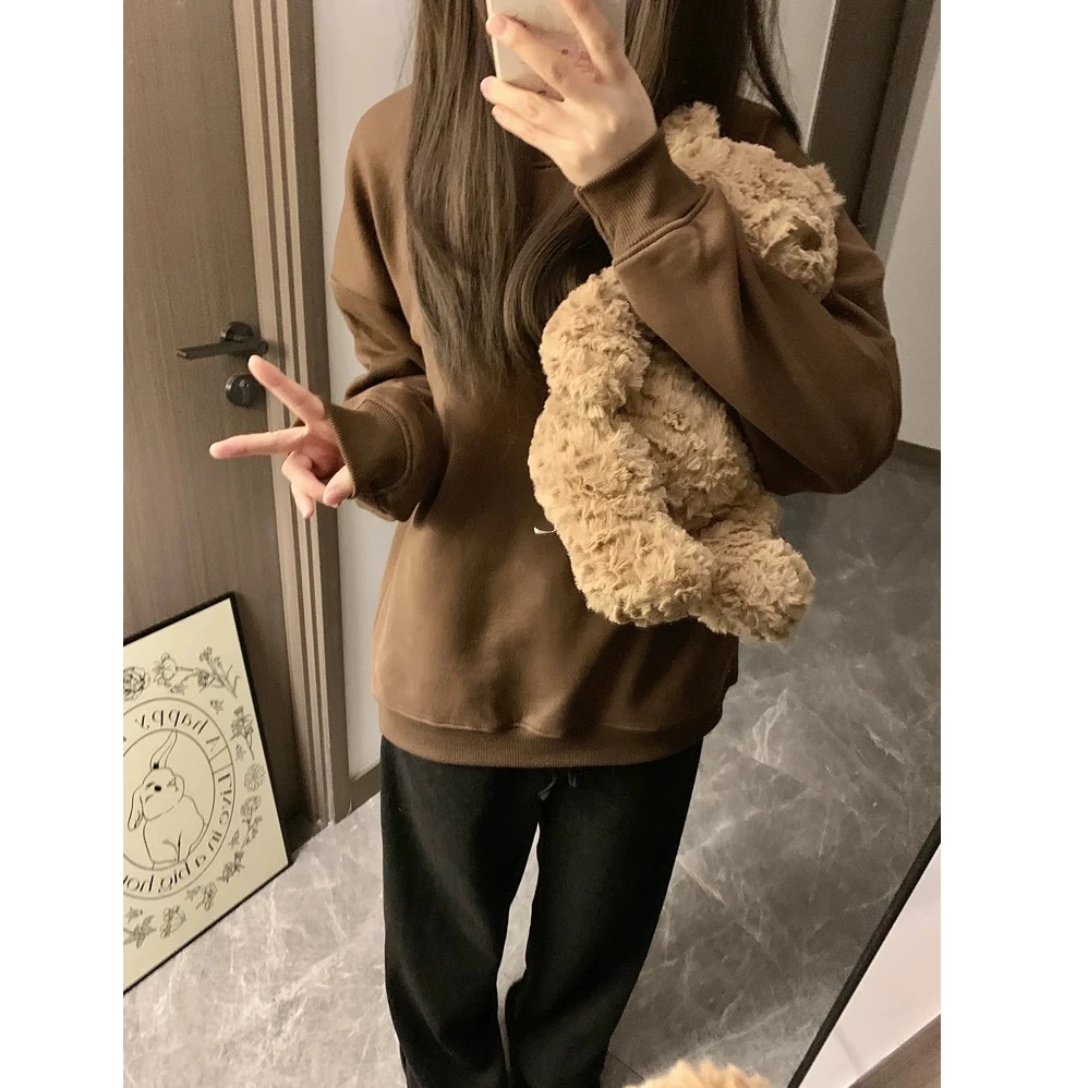 W1616A#圆领百搭时尚慵懒风美式卫衣女加厚加绒显白韩版