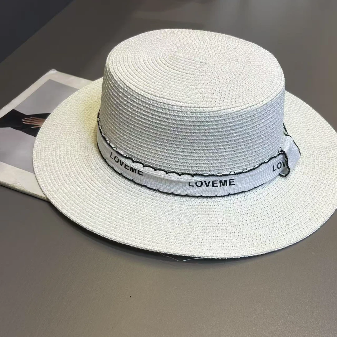 夏季草帽女沙滩度假平顶白色礼帽时尚大帽檐太阳帽英伦防晒遮阳帽