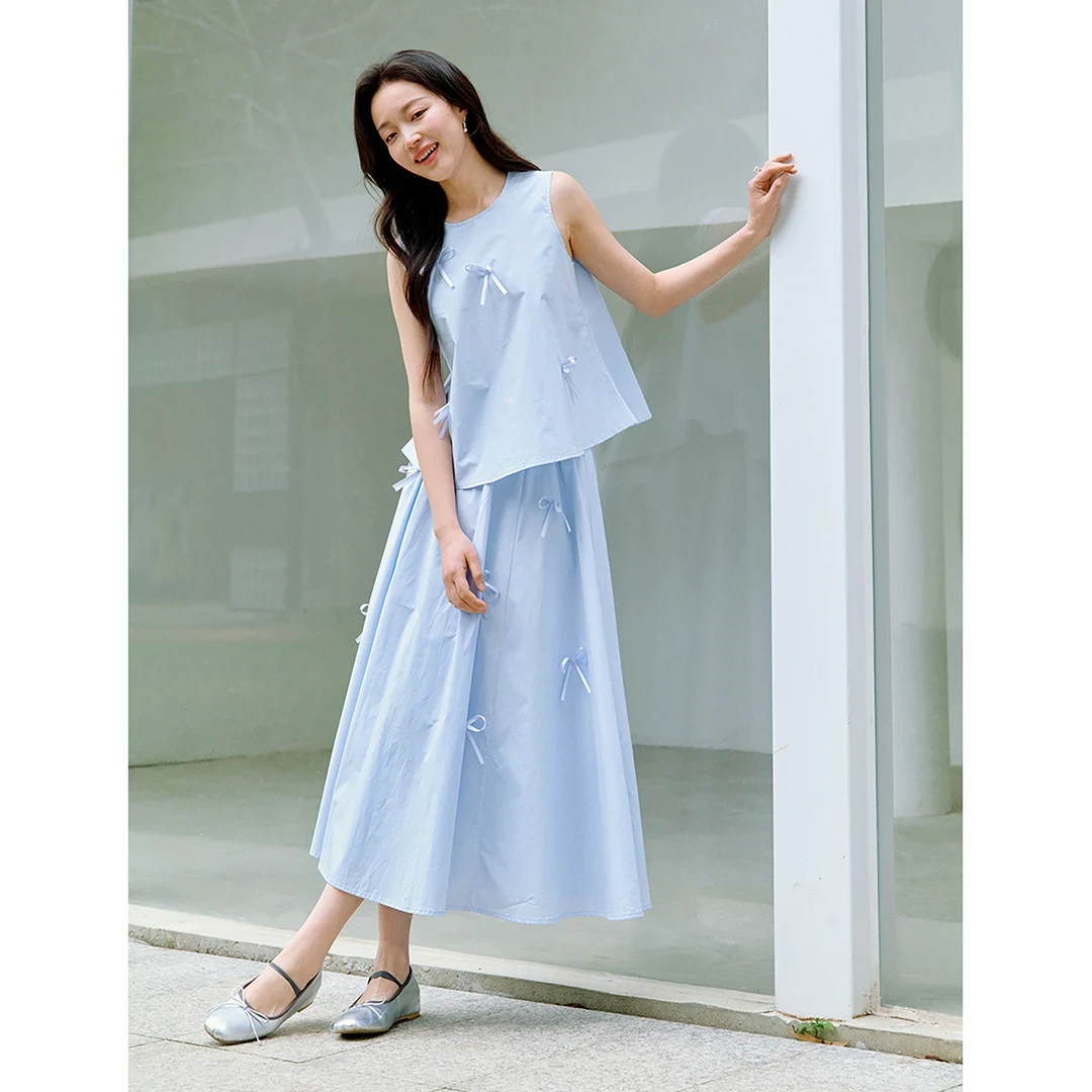 温柔蝴蝶结纯棉背心衬衣2025夏季女装气质显瘦宽松半身裙套装