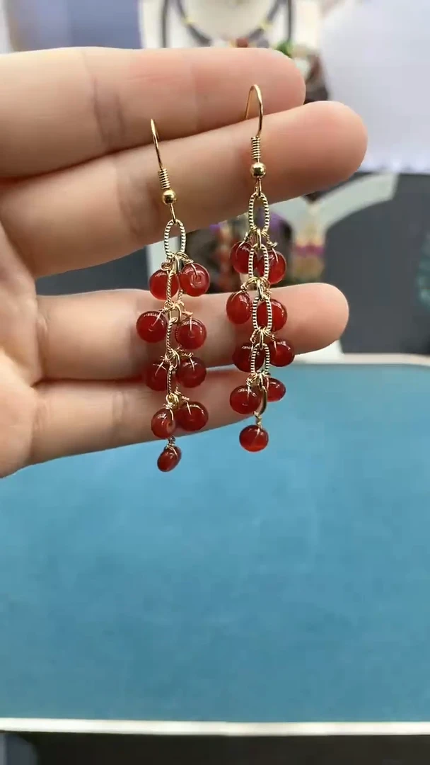 【闪购商品】南红玛瑙耳饰14K金镶嵌南红算盘鞭炮耳钩