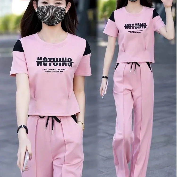休闲时尚套装2025夏季新款拼接洋气减龄阔腿裤短袖运动服两件套