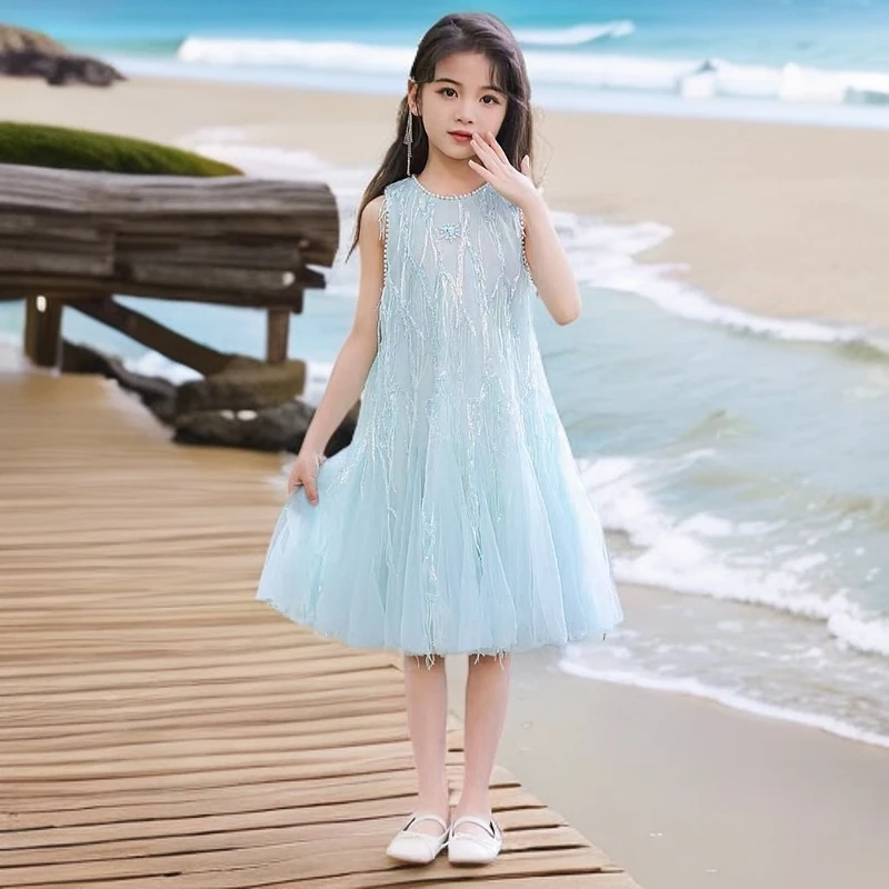 AYJ250178女童韩版夏季蓝色公主礼服连衣裙