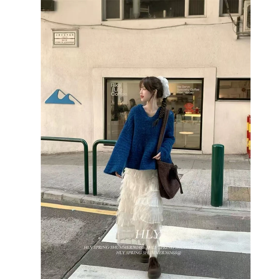 慵懒风日韩时尚套装蕾丝连衣裙中长款套头气质网红秋季-09