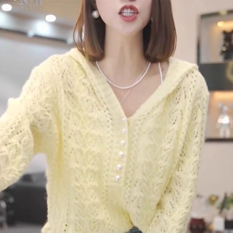 钩花镂空薄款慵懒风长袖2025年毛衣早春新款法式连帽针织衫女上衣