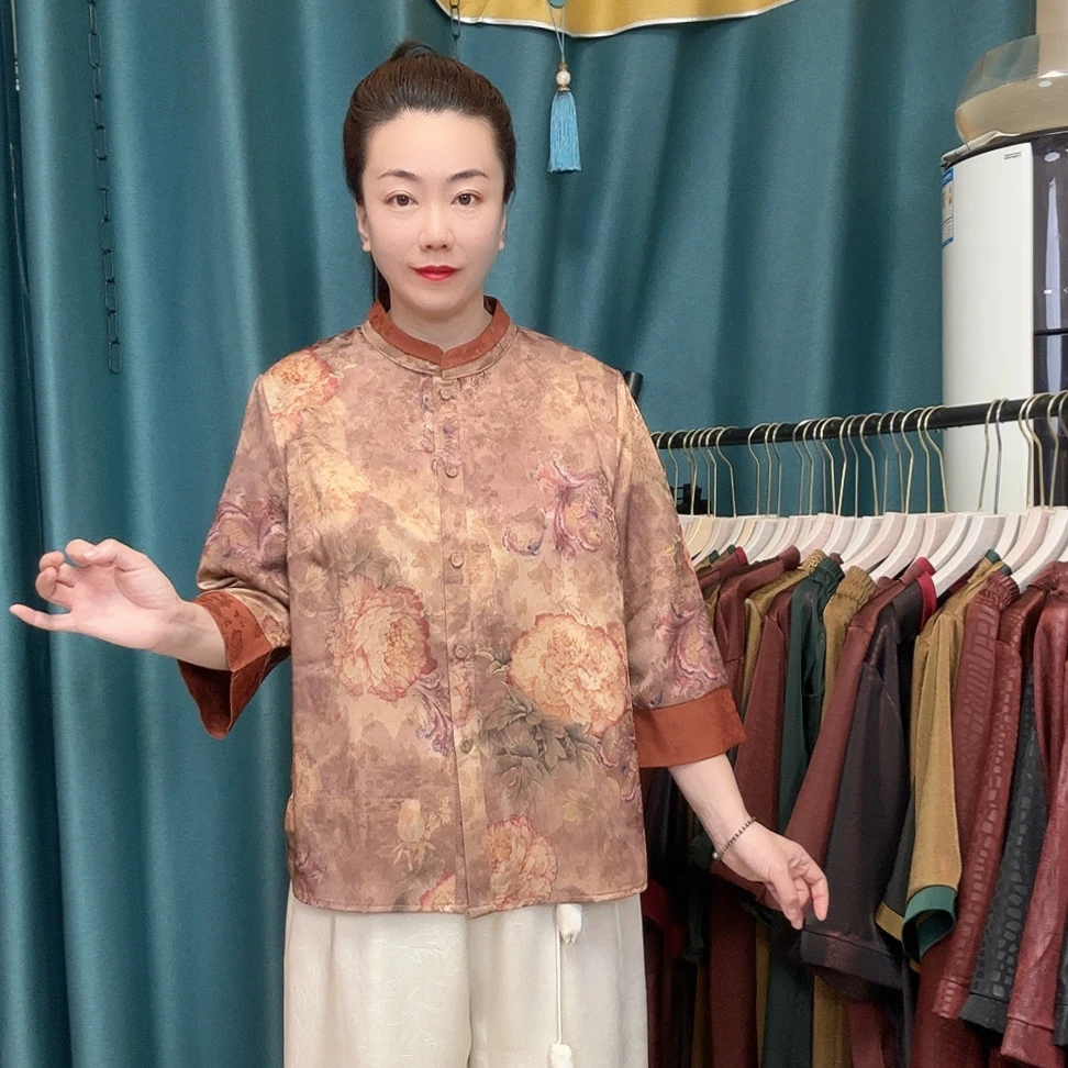 春夏新款妈妈装新中式立领小衫国风七分袖开衫外套