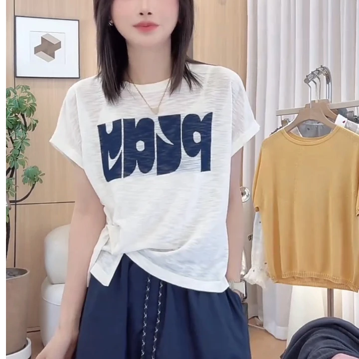 2025年夏装新款不规则侧短袖T恤上衣提花慵懒风薄款显瘦上衣女装