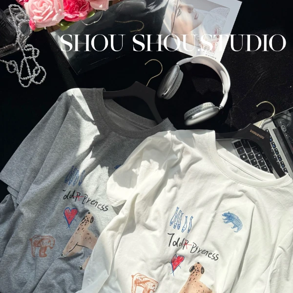 【瘦瘦】卡通爱心小狗-大码夏季圆领套头印花宽松百搭短袖S01510