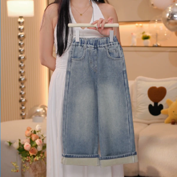 【米拉6】女童蓝色宽松加绒牛仔裤2025年冬季新款中大童宽松直筒裤