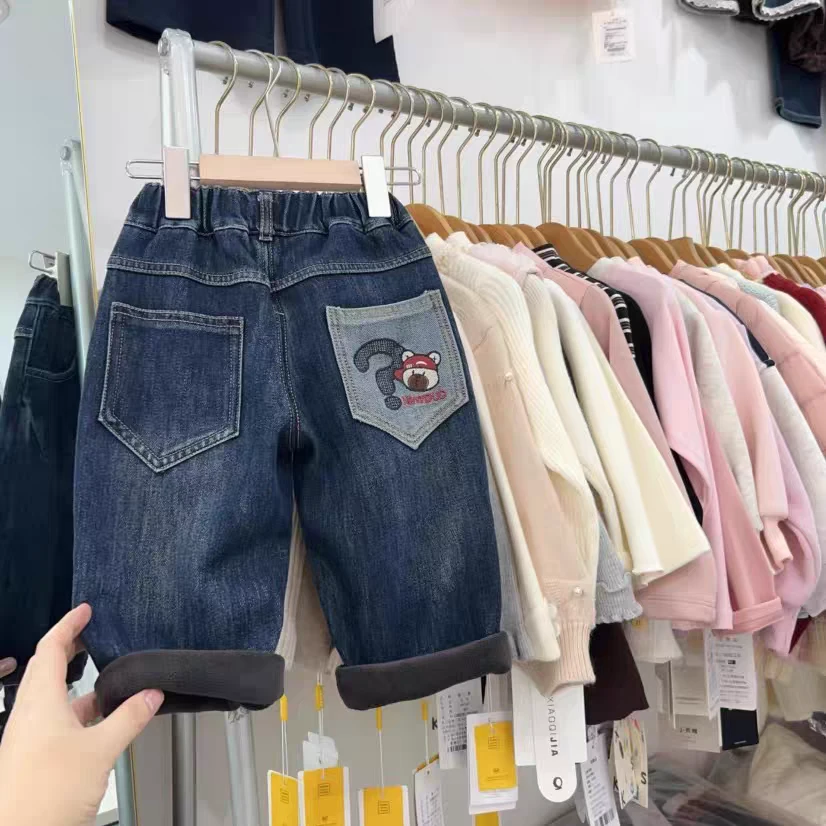 男童加绒加厚牛仔裤女童冬款直筒裤2025冬季新款儿童一体绒裤子潮
