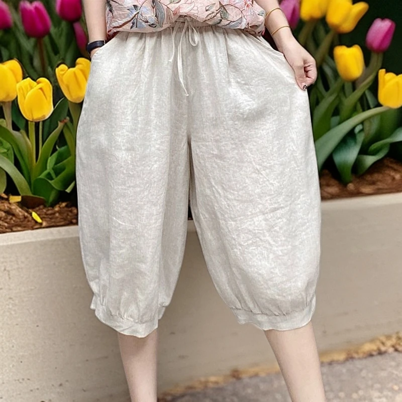 夏天冰丝仿亚麻高档松紧腰灯笼裤子五分短裤女新款宽松薄款民族风
