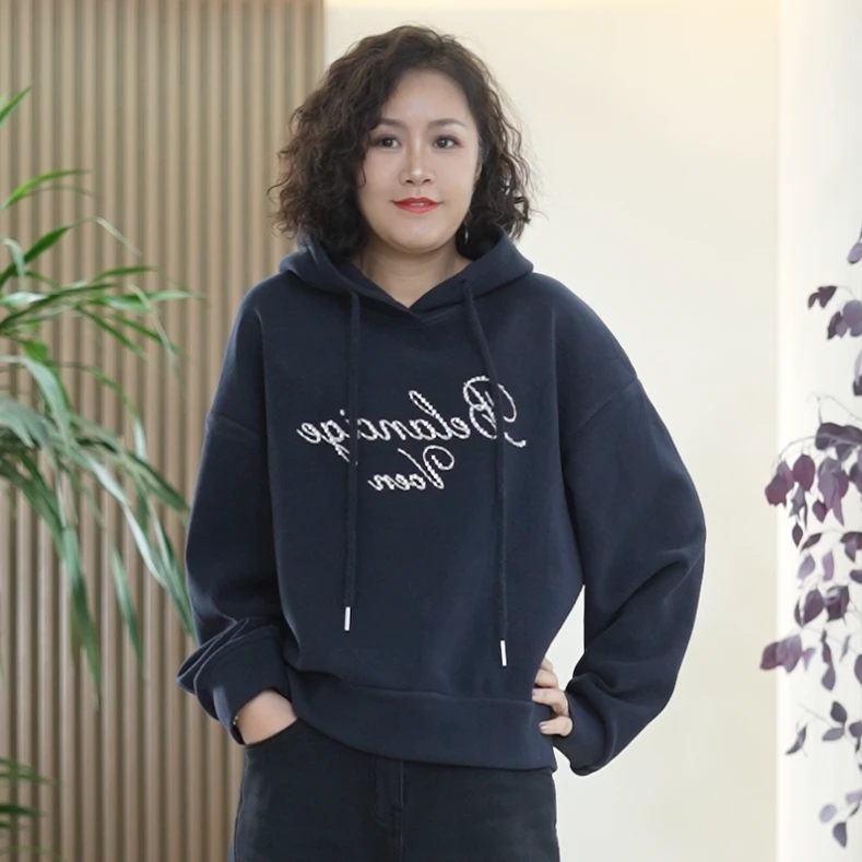 天丝羊毛双面绒卫衣连帽串珠闪钻大码宽松韩版保暖秋冬季上衣女潮
