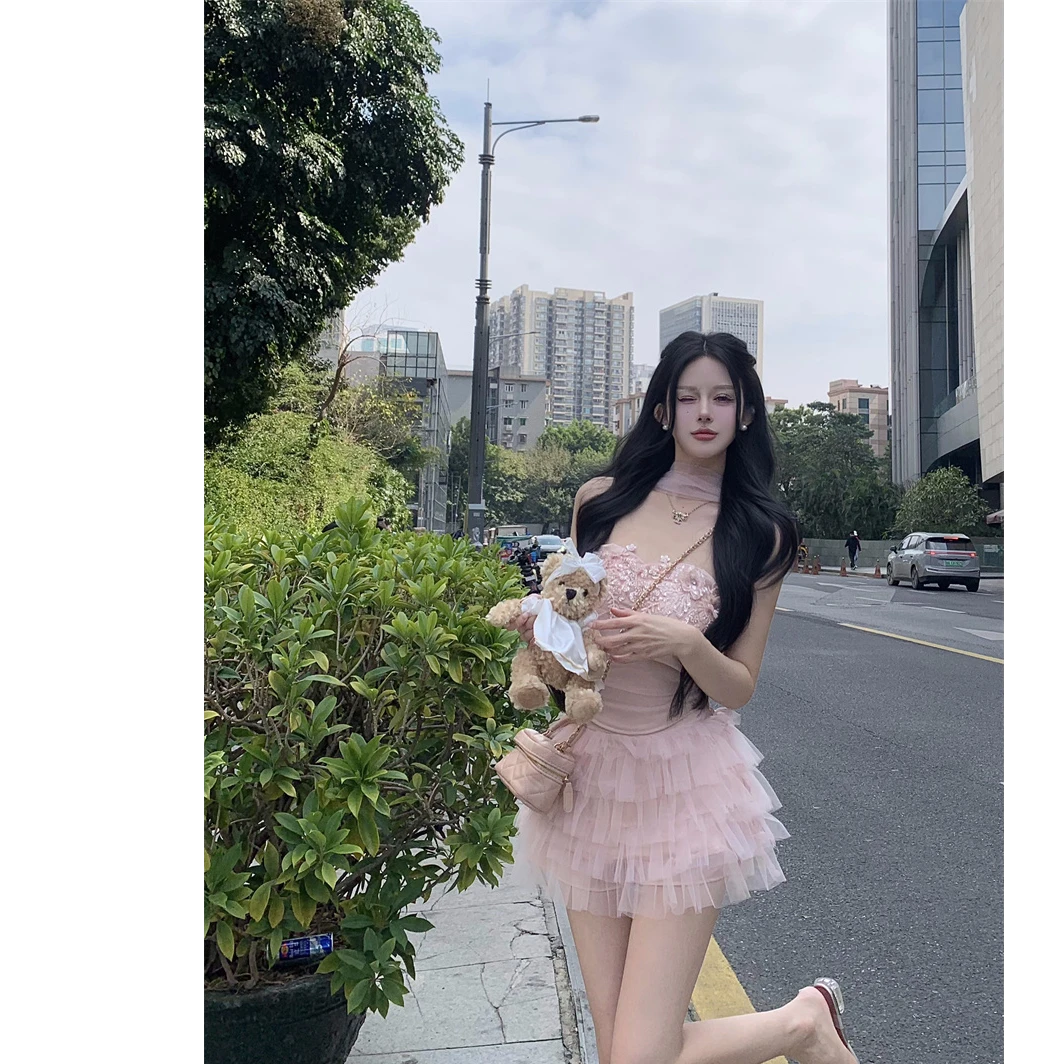 【玫瑰废墟】设计感辣妹气质修身抹胸上衣女秋冬新款显瘦网纱半身裙