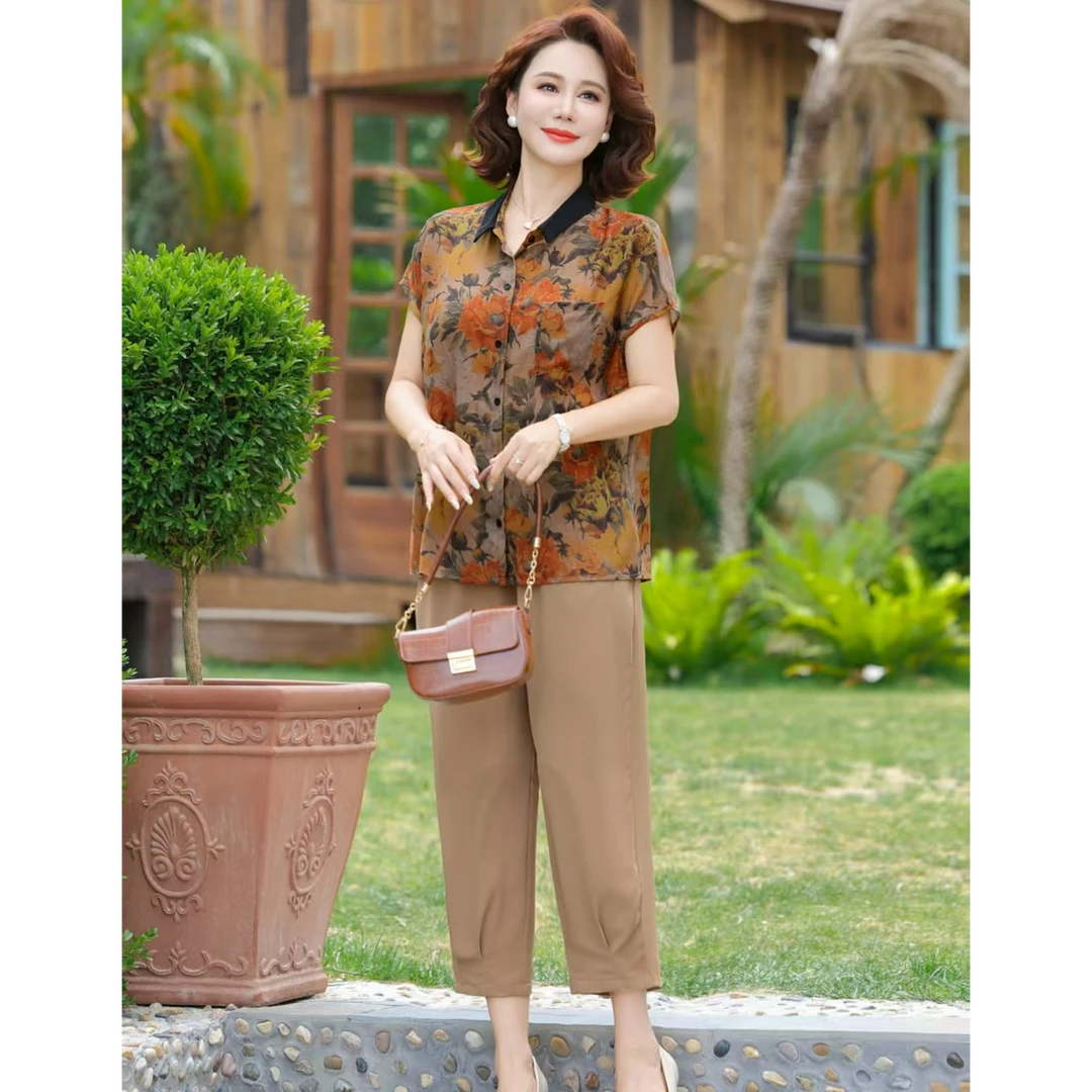 9555-大码妈妈装洋气翻领开衫2025夏新款中老年遮肉显瘦小衫【艾】