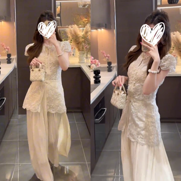 2025新中式夏季减龄时尚套装女装蕾丝圆领短袖上衣阔腿裤两件套