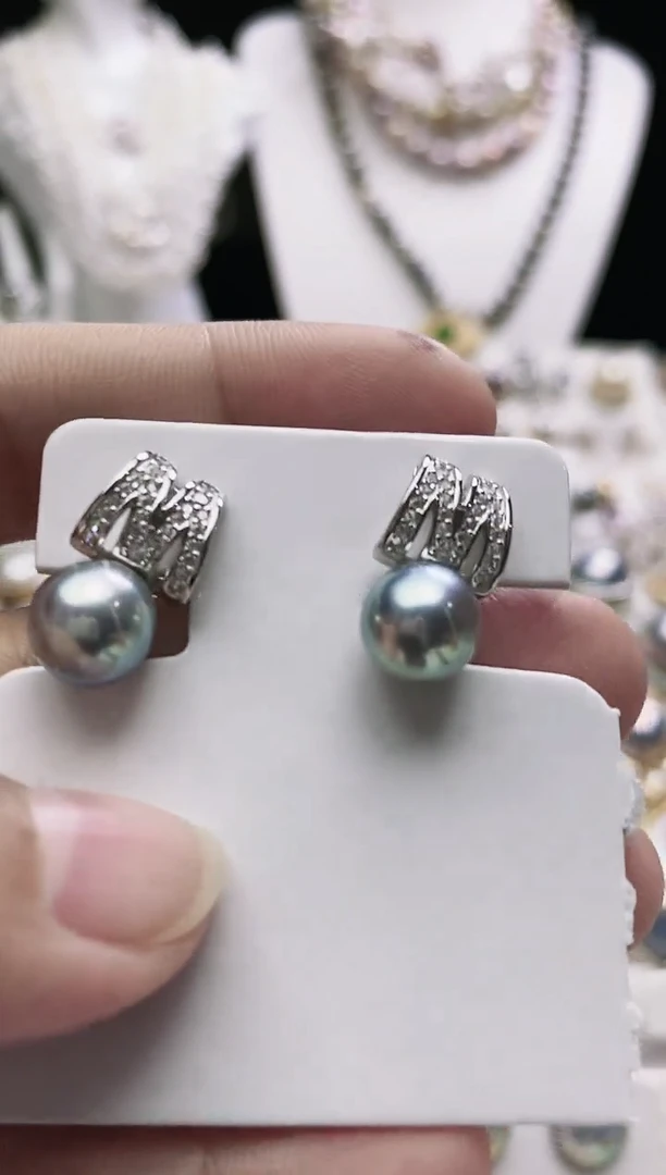 银S925镶嵌耳钉海水珍珠海水真多麻珍珠耳钉