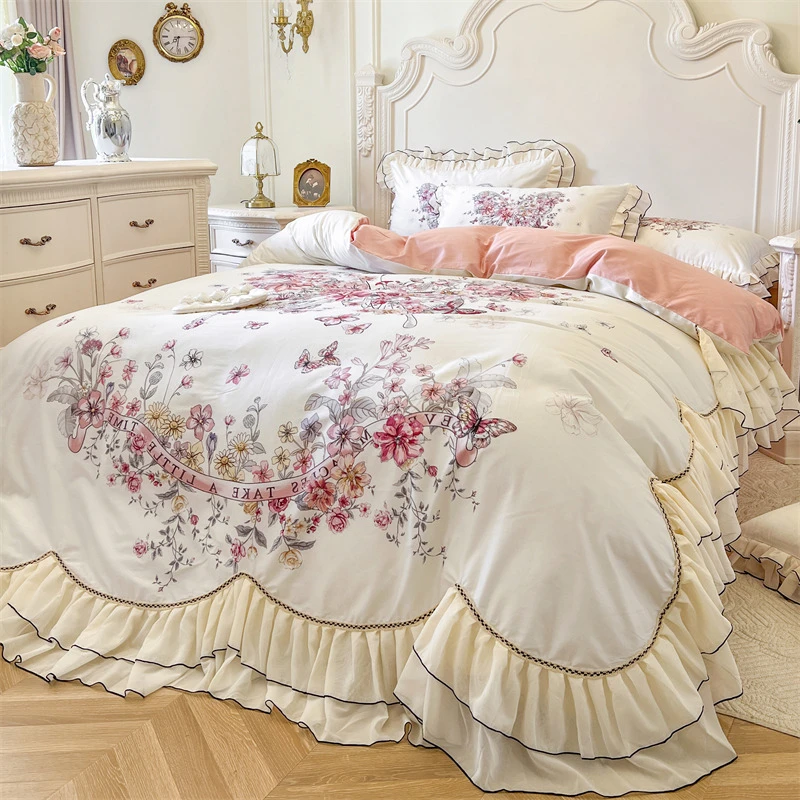 法式浪漫少女全棉贡缎长绒棉床上四件套纯棉公主风蕾丝边被套床单
