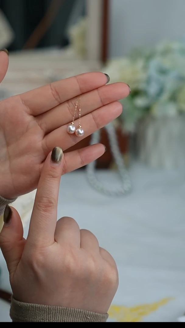 【闪购商品】淡水珍珠耳饰18K金镶嵌耳线 7-8mm