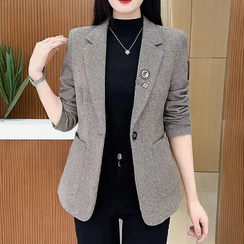 啄木鸟2025春季新款一粒扣韩版时尚格子气质女士西装外套上衣显瘦