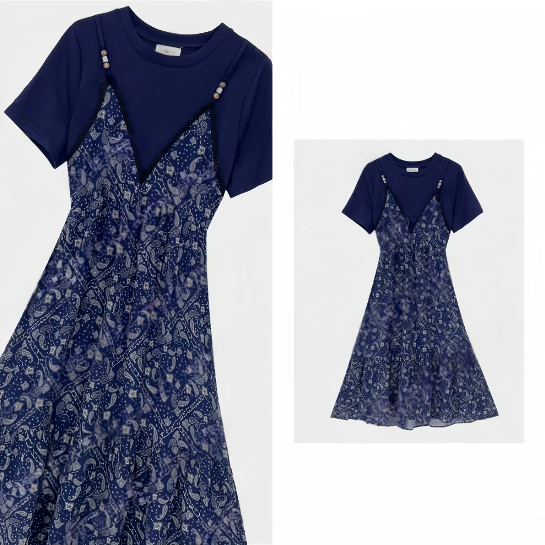 【Linda】【16】轻奢碎花拼接时尚减龄短袖宽松潮流连衣裙NH-A140