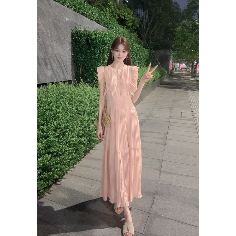 2025新款浅粉色连衣裙长裙小众夏季显瘦法式时尚千金感气质裙女装