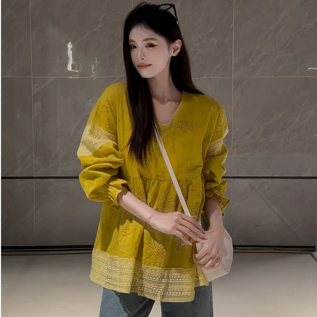 原创新款衬衣韩国东大门上衣潮2025高级气质黄色镂空灯笼袖衬衣女
