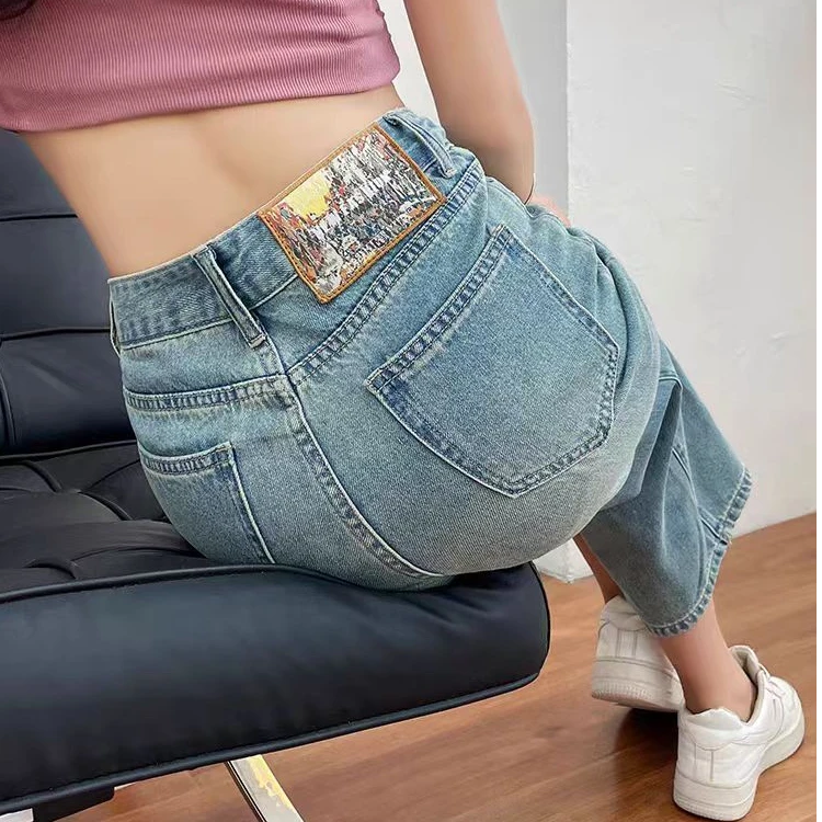 默认微瑕复古牛仔裤女春秋季新款宽松小个子阔腿裤直筒九分裤子