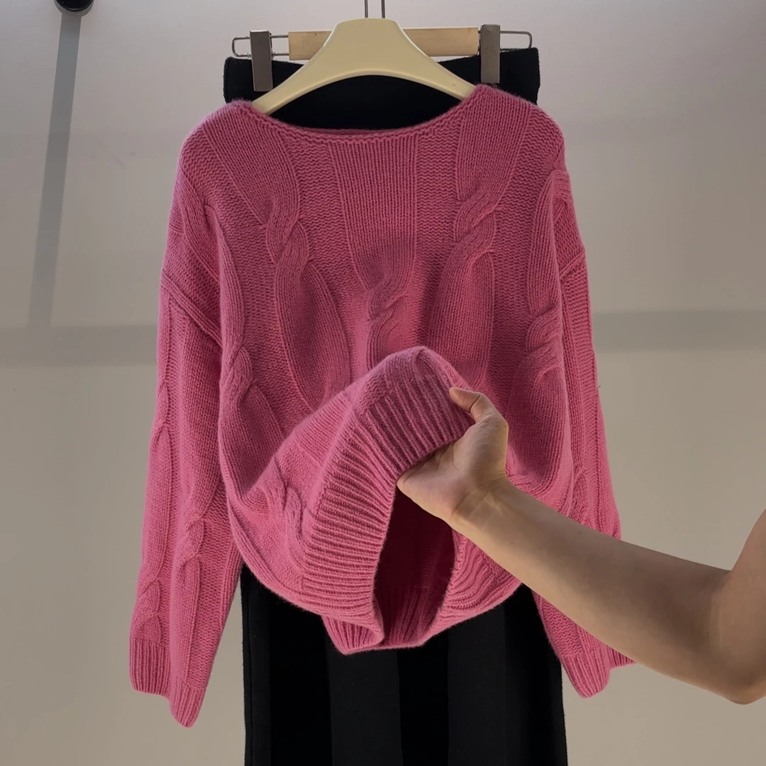 【柴火】公主粉搭宽松气质小一字领羊毛衣慵懒风女士秋冬mj