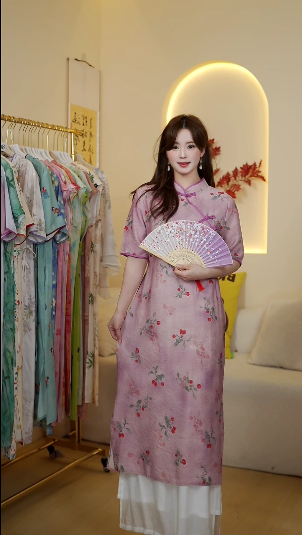 雨沫与麻【小樱桃----短袖】2025新款新中式夏季复古日常文艺连衣裙