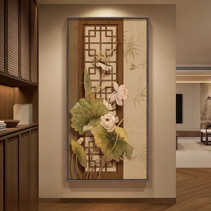 宋代美学玄关装饰画荷花高级感走廊过道挂画茶室入户正对门墙壁画