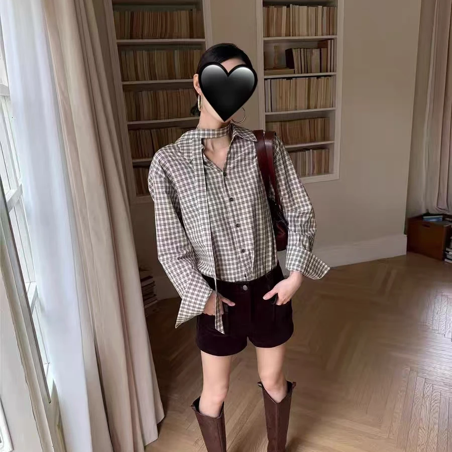 甜粿妹妹复古格纹宽松落肩休闲衬衫女早秋设计感小众独特别致上