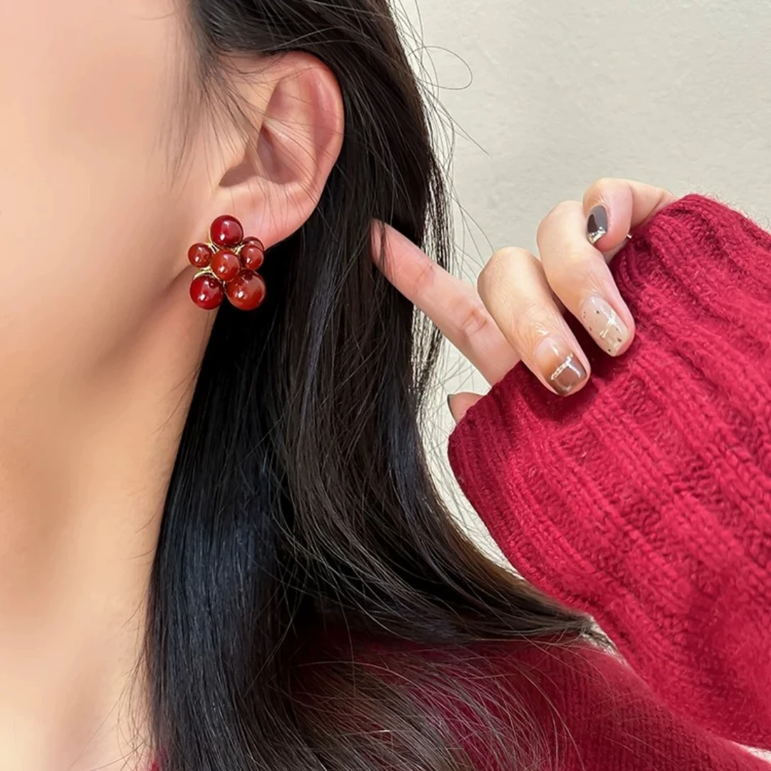合金仿珍珠耳饰 国风红色古风小众法式少女耳饰甜美超仙设计感ins