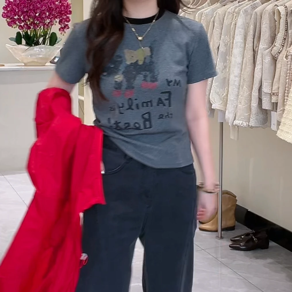 设计感撞色印花灰色短袖T恤女2025新款夏季百搭显瘦休闲圆领上衣