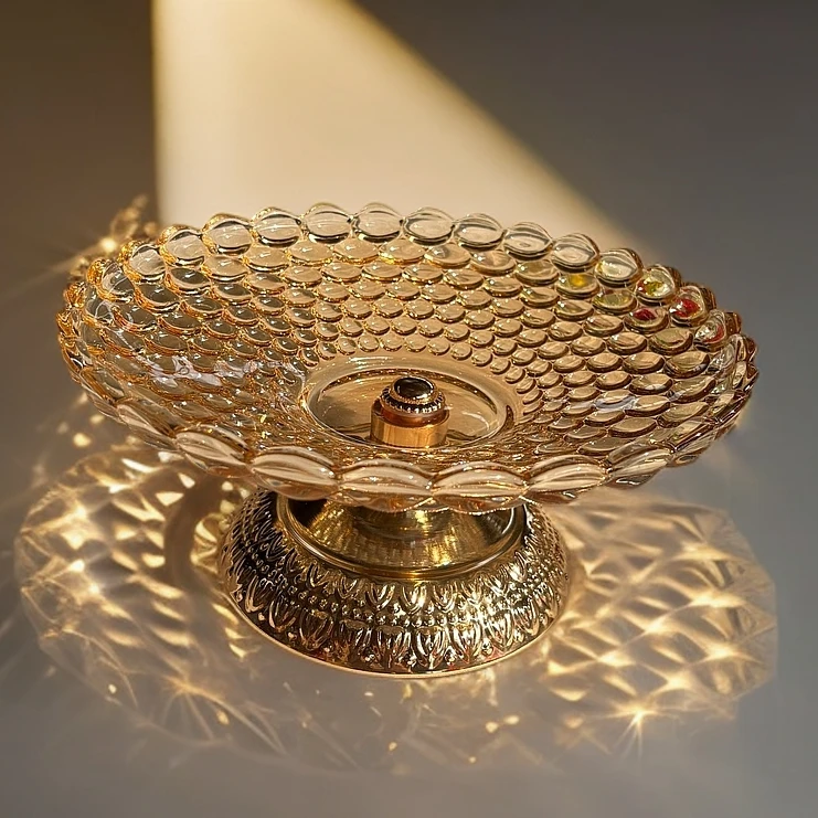 琥珀色金属底座珠点高脚果盘轻奢精致家用桌面收纳零食盘