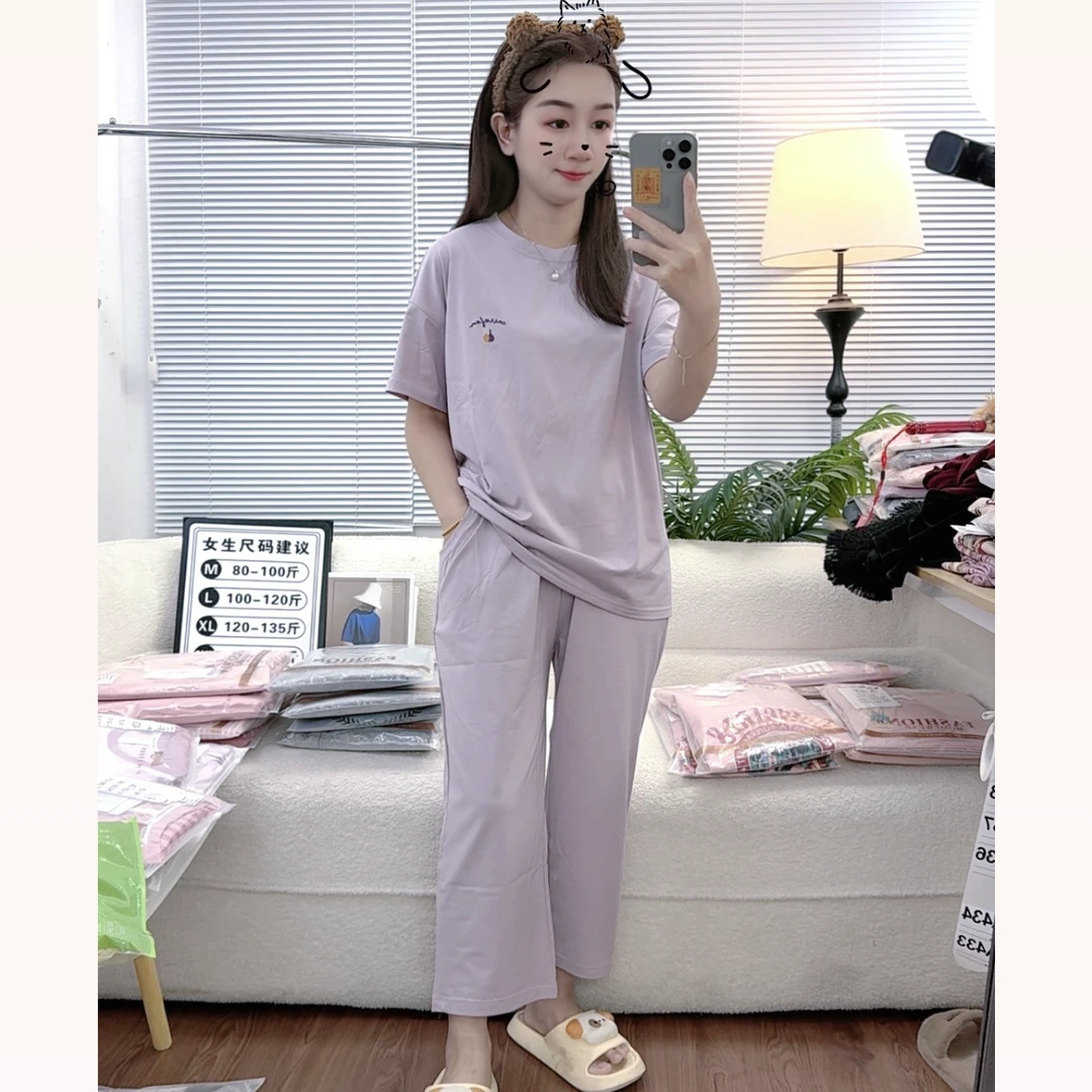 夏季爽棉女士短袖八分裤舒适极简风家居服