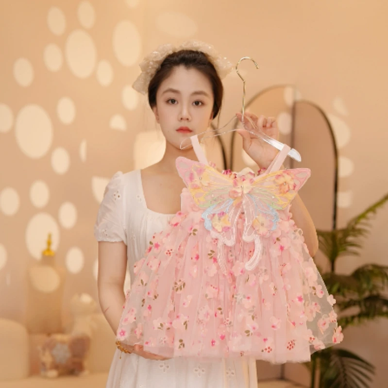 【Y.d8506】2025夏季新款女童彩色蝴蝶碎花吊带裙女童甜美公主裙