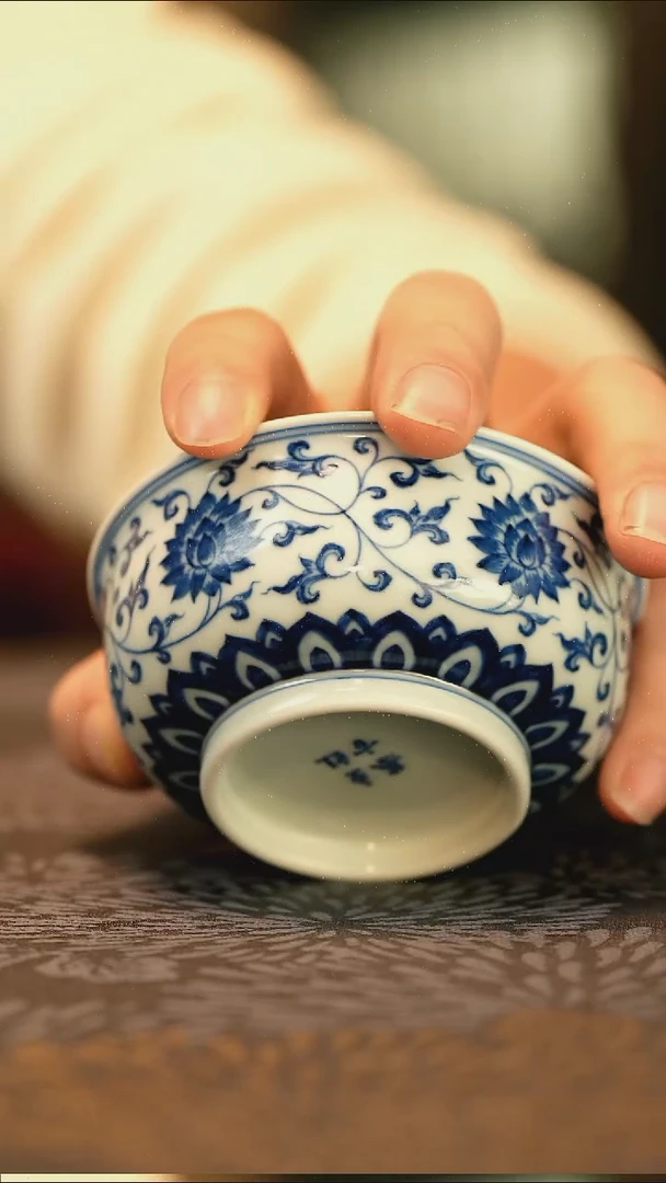 中式仿明青花缠枝莲普洱杯