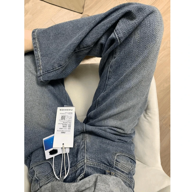 春季新款大码显腿长高腰直筒麦穗牛仔裤女胖m遮胯显瘦宽松阔腿裤1