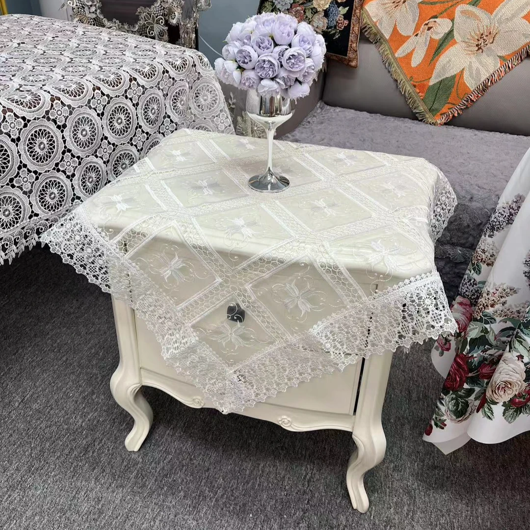 M-03尺寸【85*85】白色欧根纱简约镂空蕾丝桌布盖巾多用防尘罩