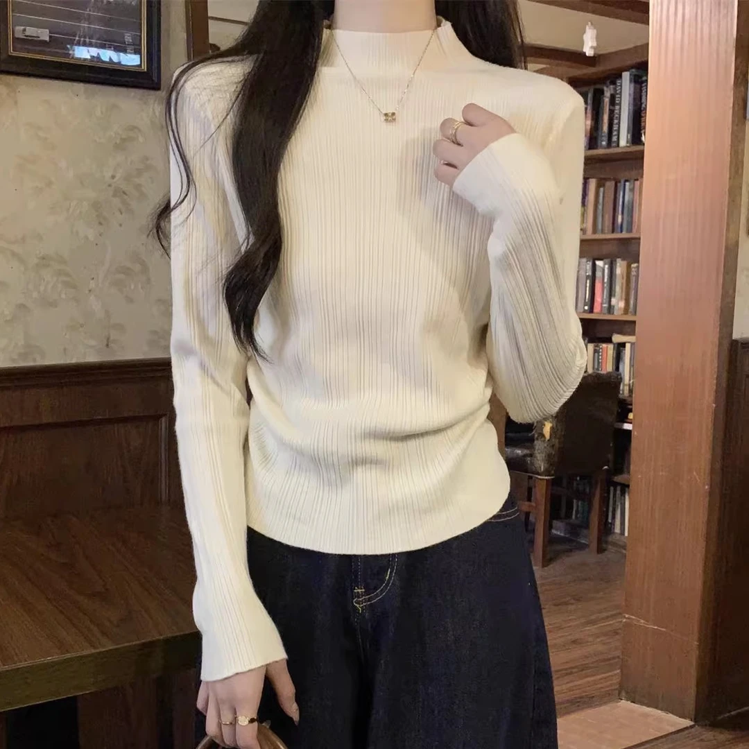 半高领打底衫女秋冬内搭可外穿修身褶皱高级设计感毛衣针织衫上衣