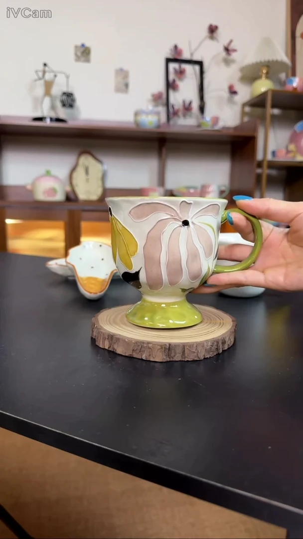 陶瓷中古绿色银杏450ml微瑕