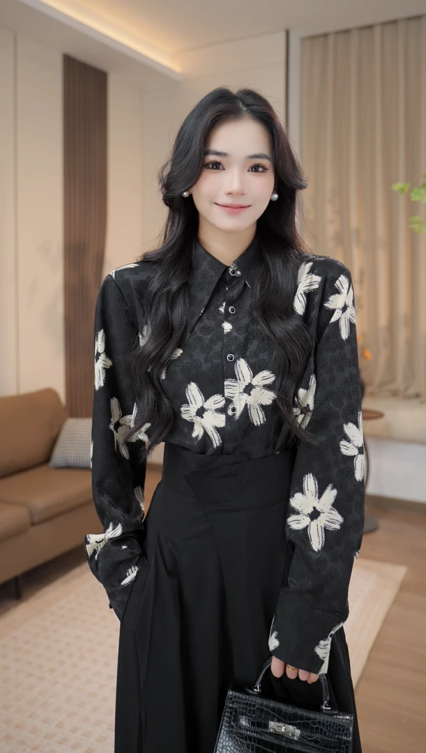2025秋季新款印花Polo领长袖衬衫设计感小众打底上衣女装