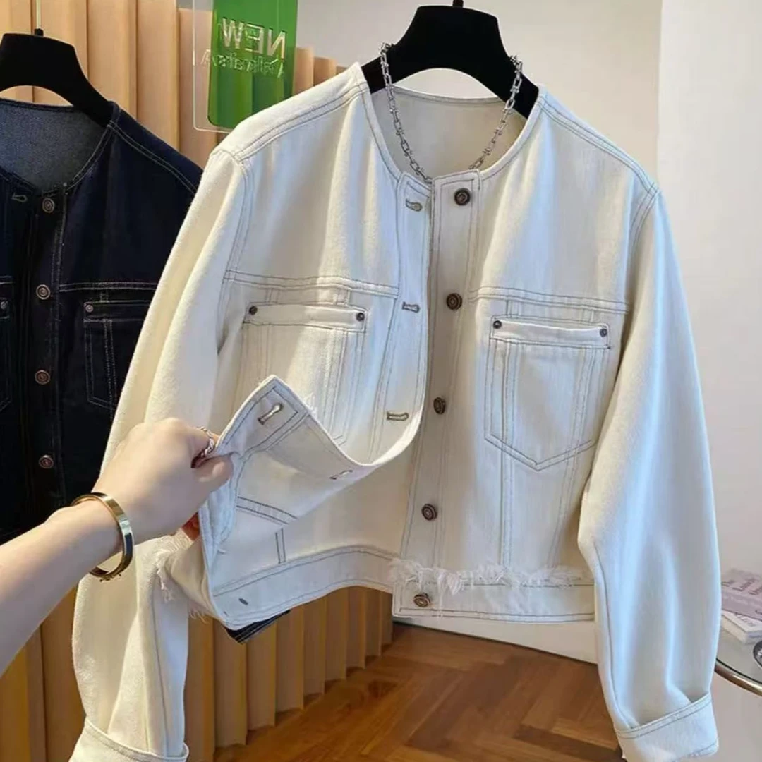 牛仔外套女短款2025春装圆领新款宽松休闲百搭通勤明线小个子上衣